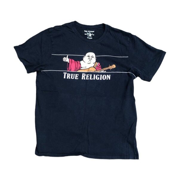 TRUE Religion T Shirt Peekaboo Buddha Large Black BIG LOGO - Picture 1 of 8